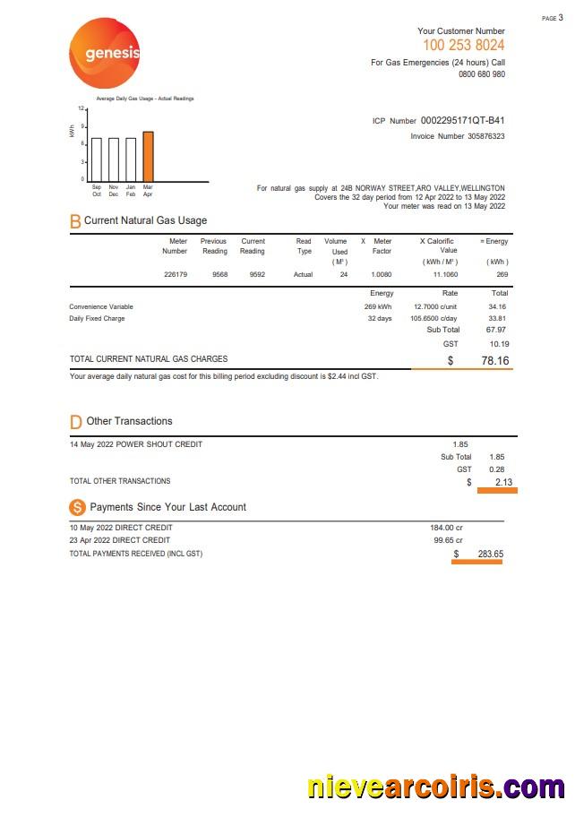 New Zealand Genesis Gas utility bill 3 pages 2